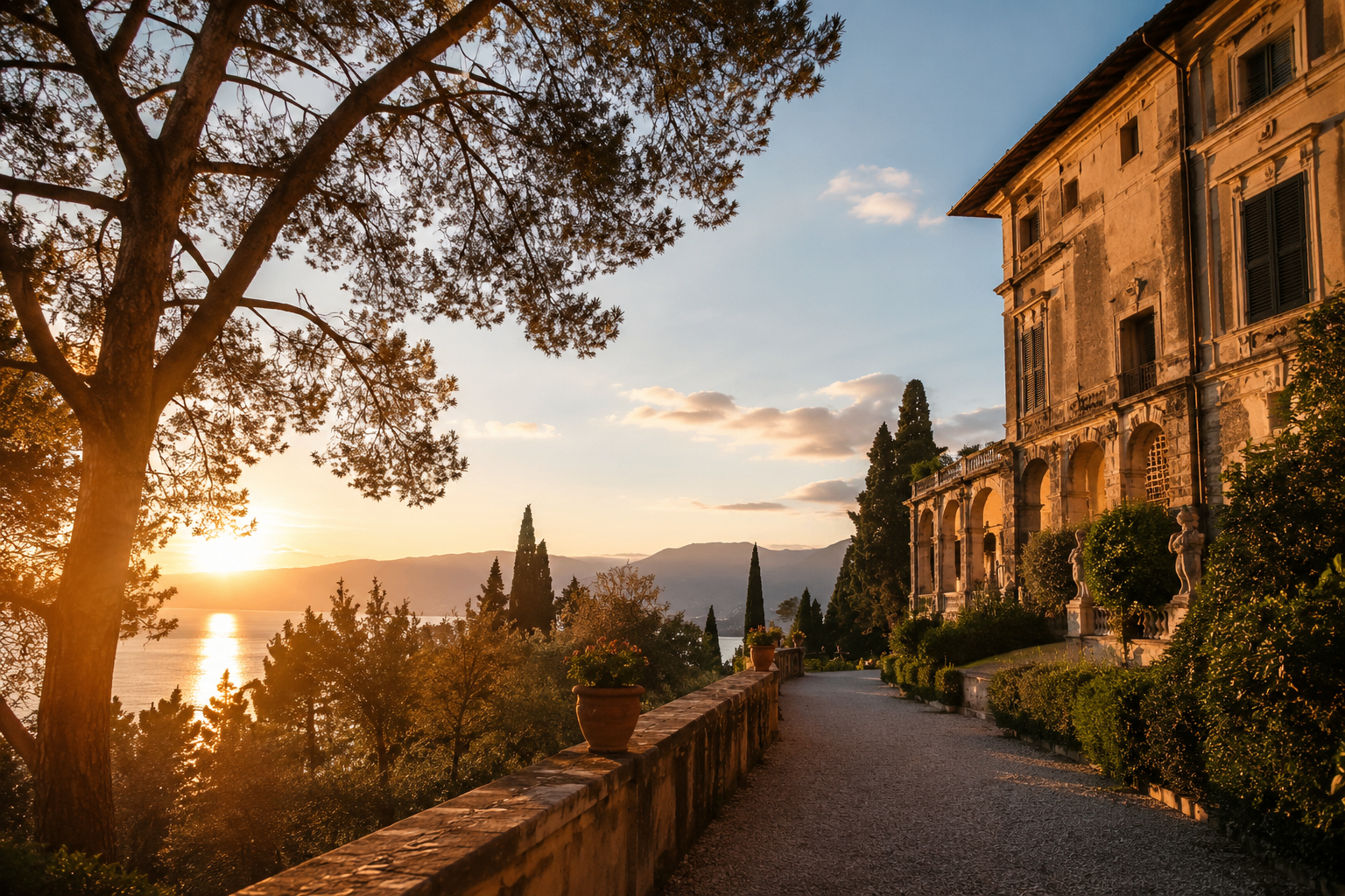 Villa italienne historique au coucher du soleil, terrasse en pierre surplombant la mer et les collines
