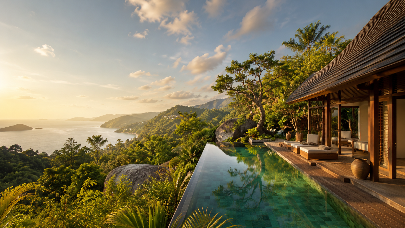 Villa tropicale au Vietnam avec piscine à débordement surplombant la jungle et la mer au coucher du soleil