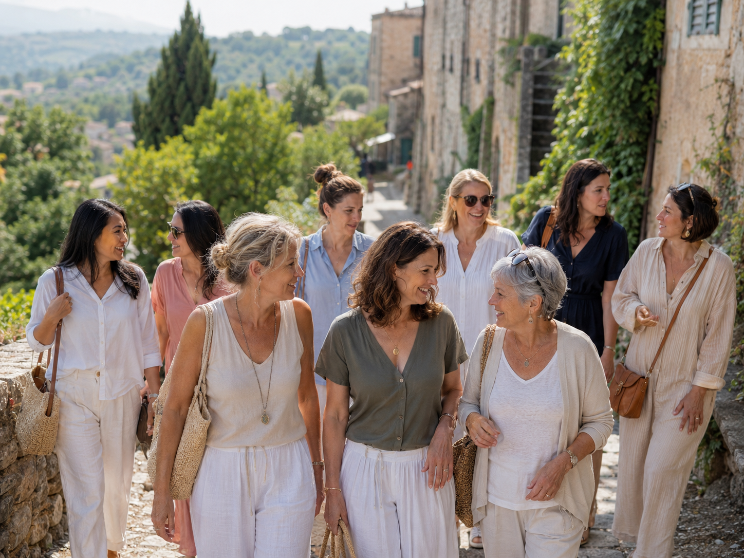 Groupe de femmes marchant ensemble dans les ruelles d'un village méditerranéen ensoleillé