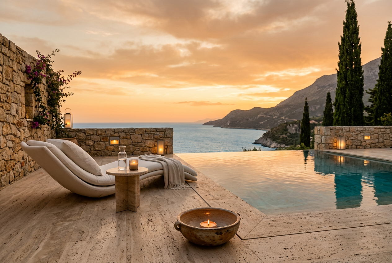 Terrasse luxueuse avec piscine à débordement face à la mer et aux montagnes au coucher du soleil