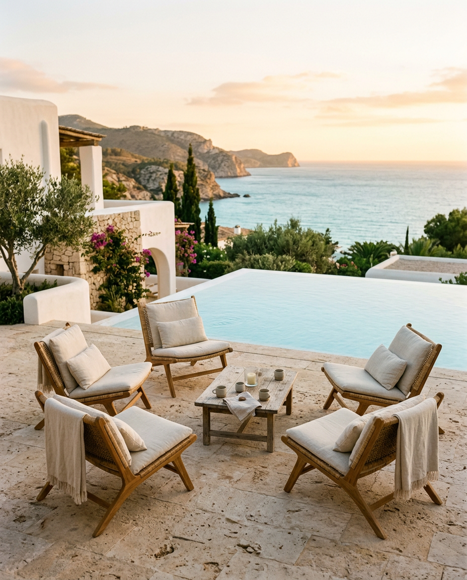 Cercle intime de fauteuils en lin sur une terrasse luxueuse face à une piscine à débordement et la mer Méditerranée au coucher du soleil