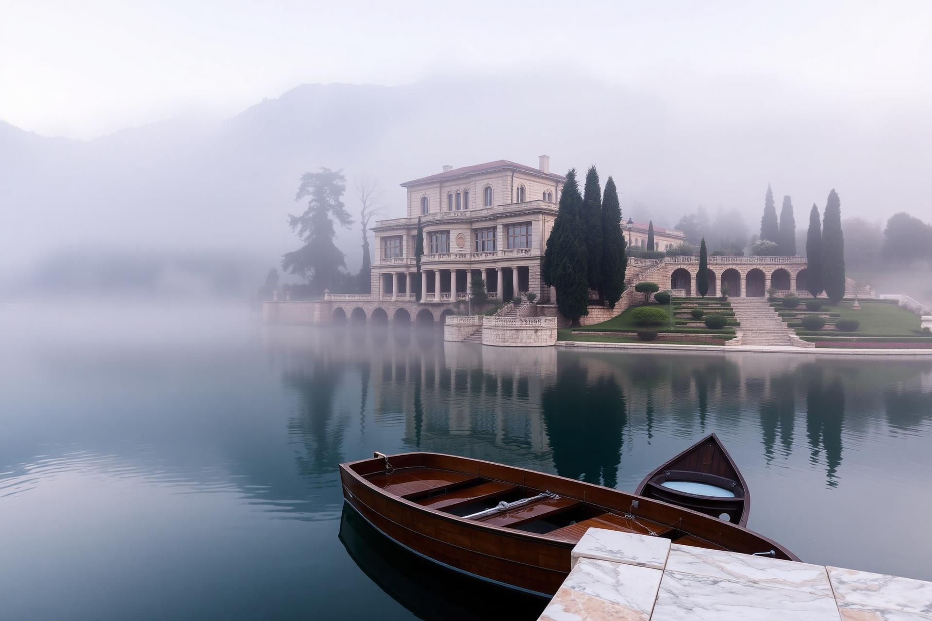 Villa classique sur les rives du Lac de Côme dans la brume du matin