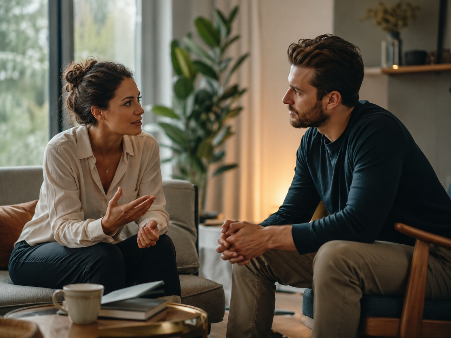 Femme et homme assis face à face dans un salon chaleureux, en pleine conversation attentive