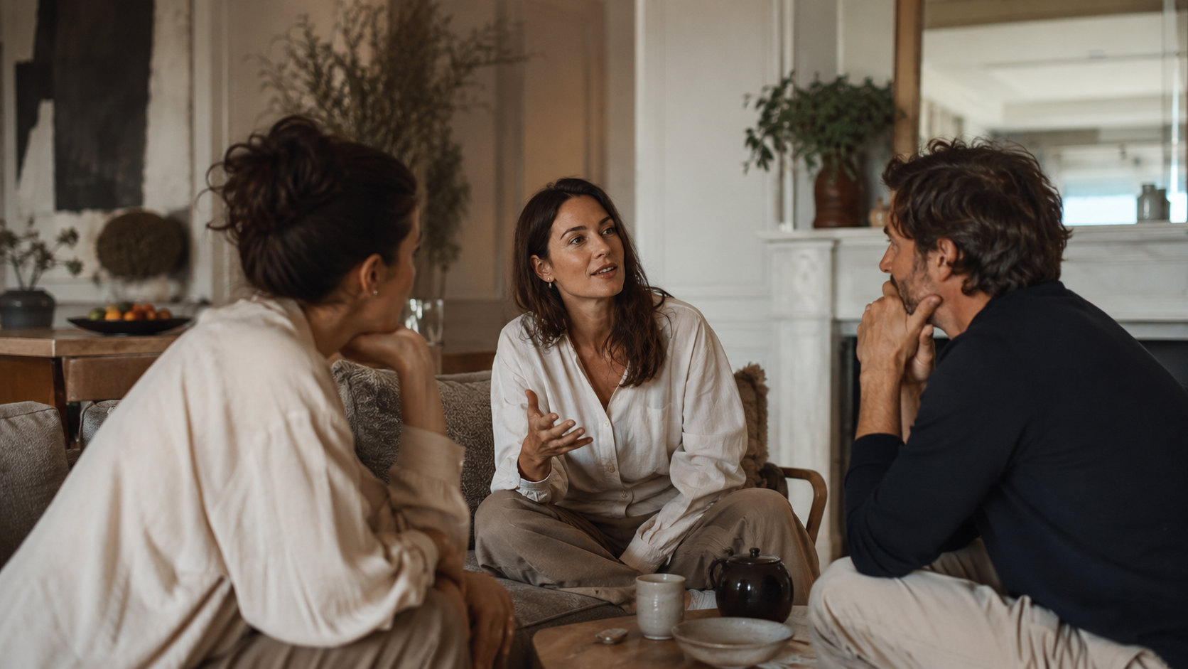 Trois personnes en conversation intime dans un salon chaleureux, échange attentif et présent