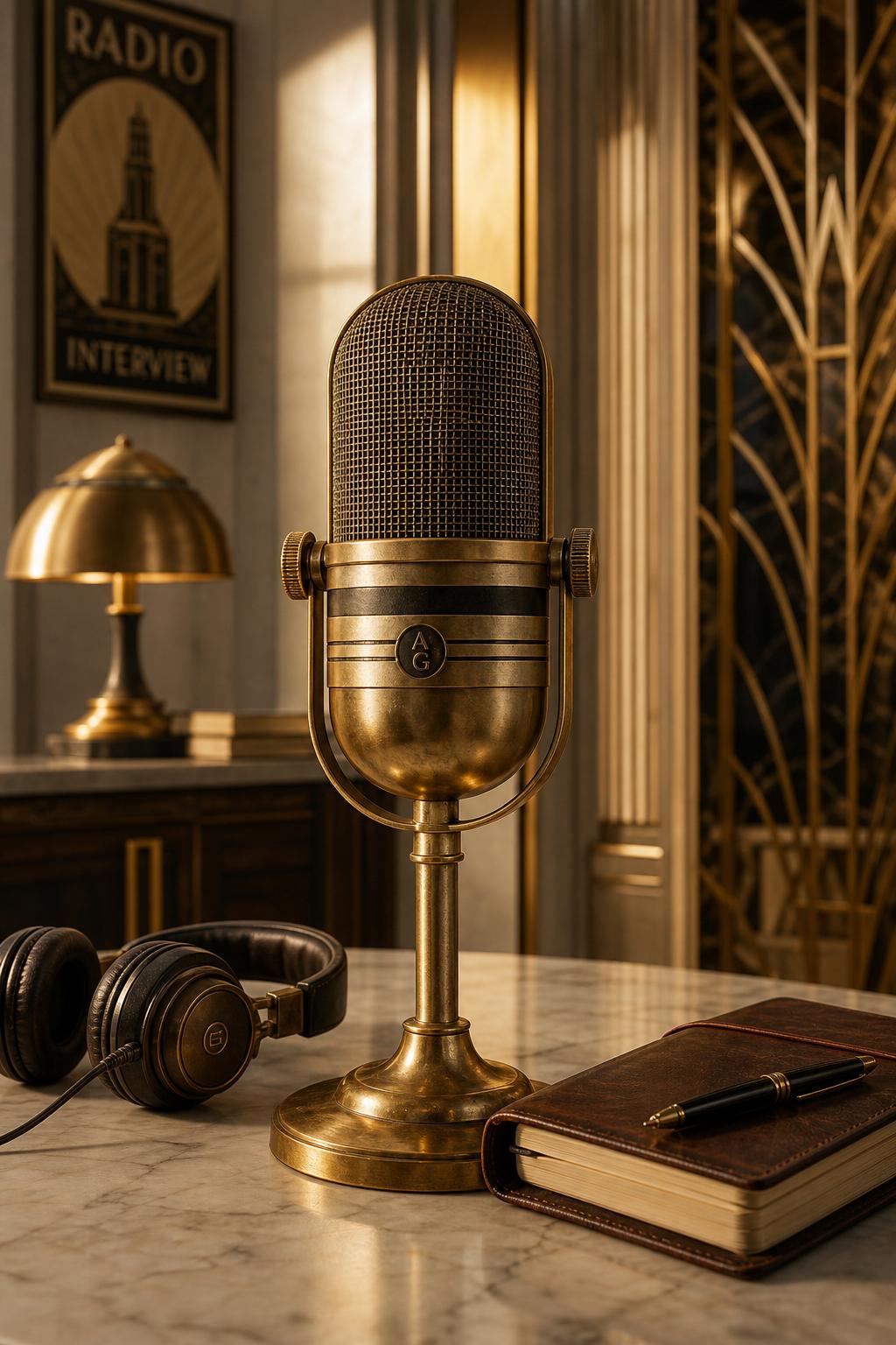 Microphone vintage en laiton, casque audio et carnet de cuir posés sur un bureau en marbre dans un intérieur Art déco
